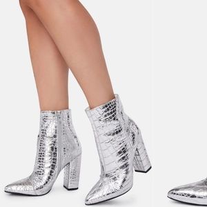 silver snake print ankle booties